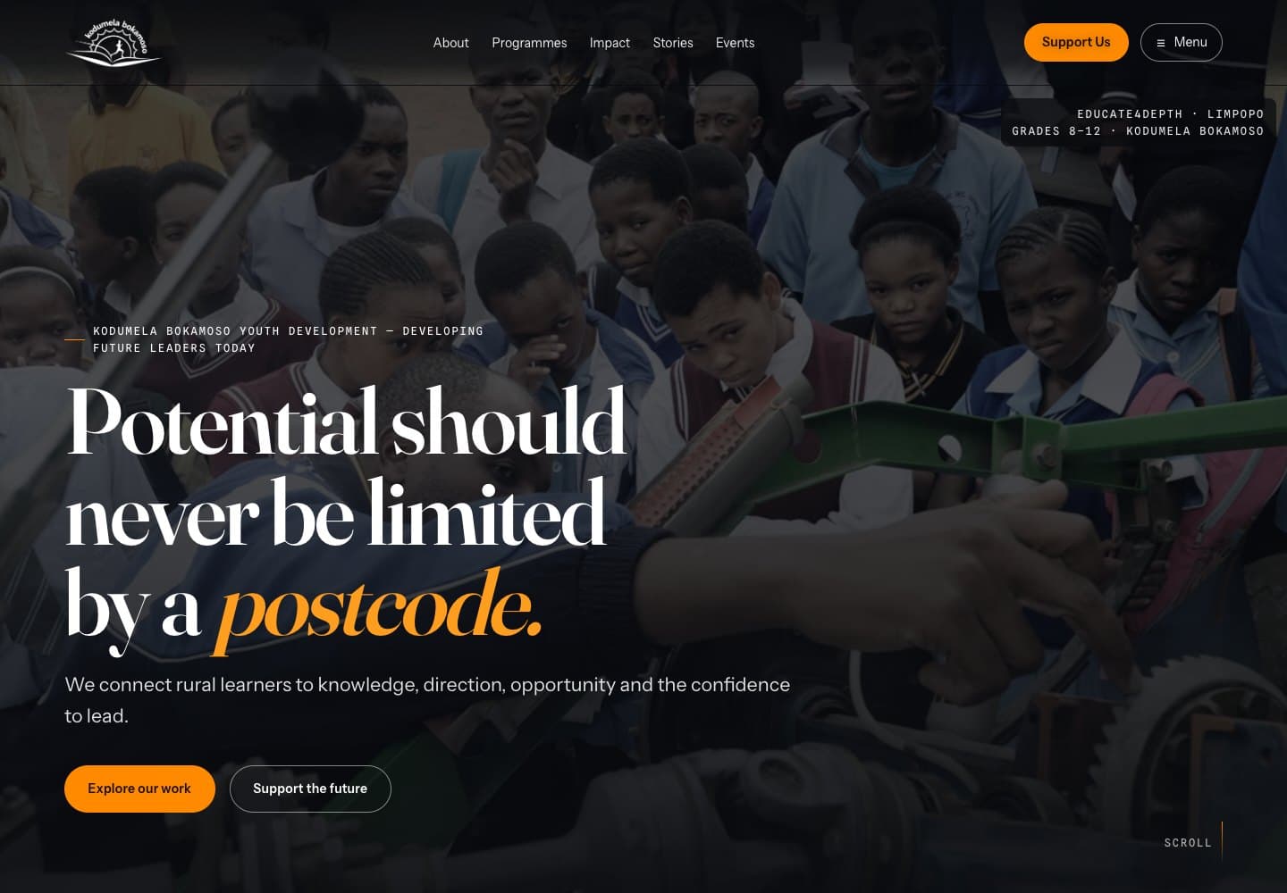 Kodumela Bokamoso public website showing its youth-development programmes.