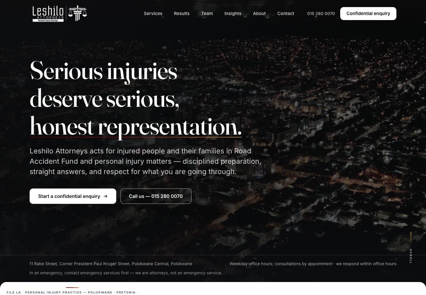 Leshilo Attorneys public website with personal injury services and enquiry routes.